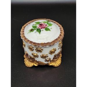 Vintage Victorian Style Hand Painted Milk Glass Trinket Jar, Rainbow Glass RARE